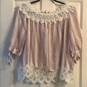 Red and white striped off the shoulder blouse